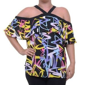 Inc Black XL Printed Cold-shoulder V-neck Blouse